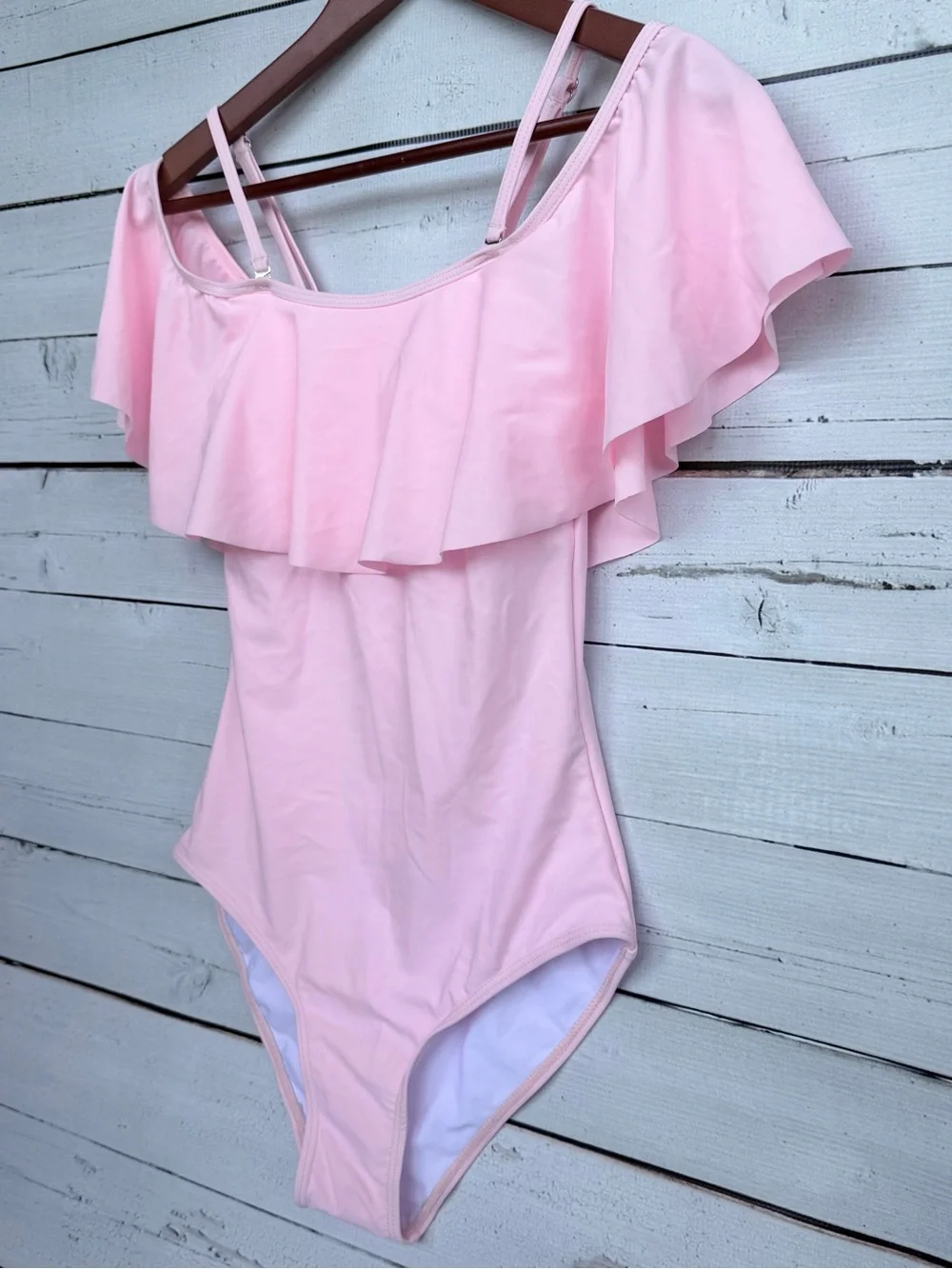 NWT Tempt Me Pink Off-the-Shoulder Ruffle One Piece Swimsuit - Picture 4 of 7